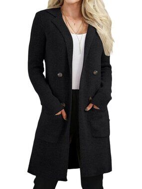 Women's Black Long Knit Coatigan Open Front Cardigan Lapel Collar Pocket Coat